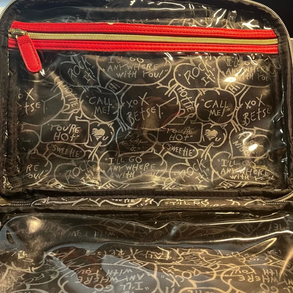 Betsey Johnson Travel Hanging Cosmetics Bag - Quilted Red With Black Bow Accent